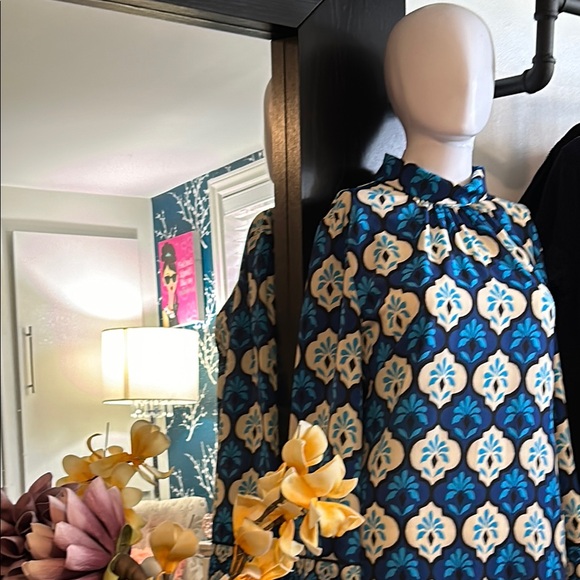 Zara Blue and White Mock Neck Sheath Dress - Picture 11 of 15